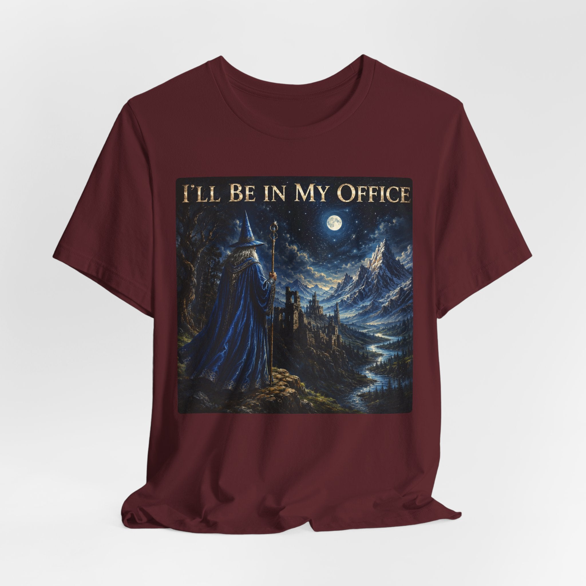 I'll Be In My Office Wizard Tee in Heather Peach - fantasy wizard cliff castle river scene shirt, Barely Outdoorsy Bella Canvas 3001
