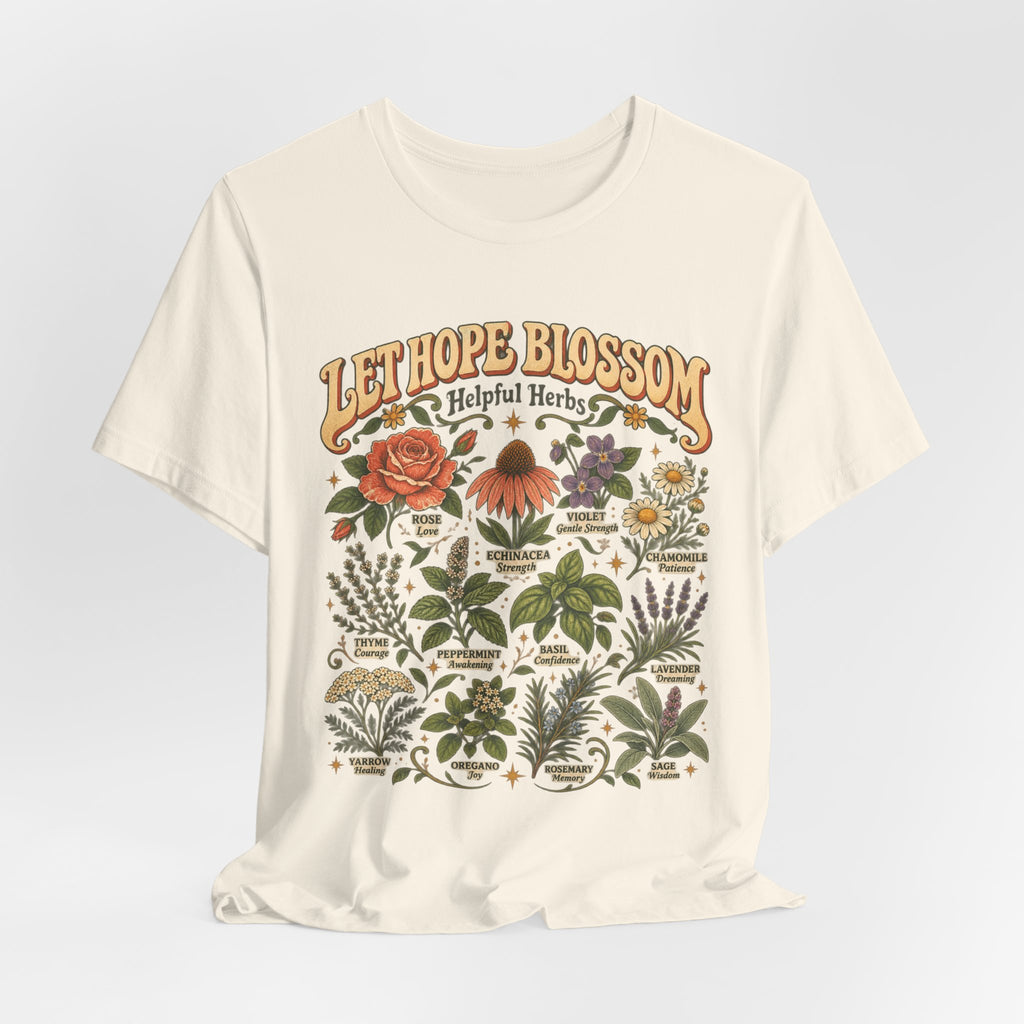 Let Hope Blossom Helpful Herbs T-Shirt in Heather Stone - cottagecore botanical helpful herbs hope wildflower graphic tee, Barely Outdoorsy