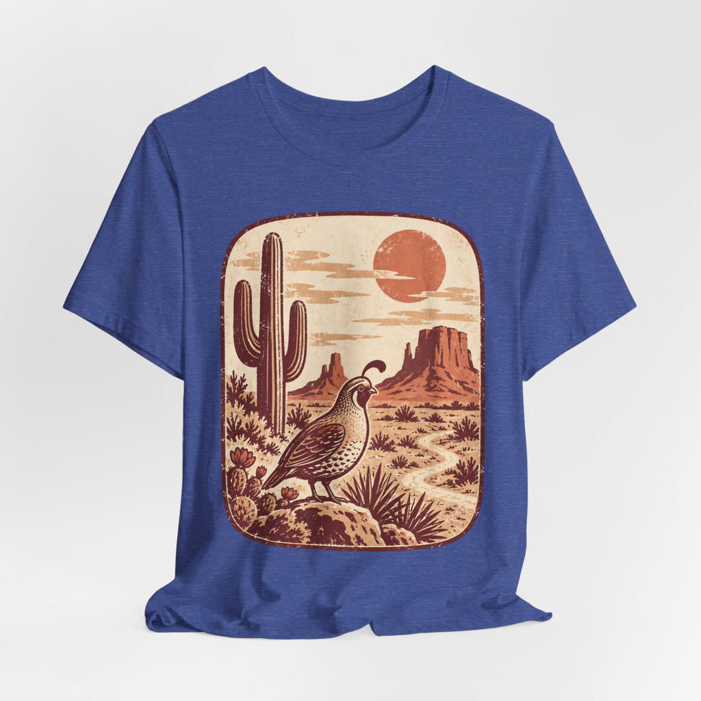 Gambel's Quail Desert Sunset T-Shirt in Mauve - Southwest quail desert graphic tee, Barely Outdoorsy