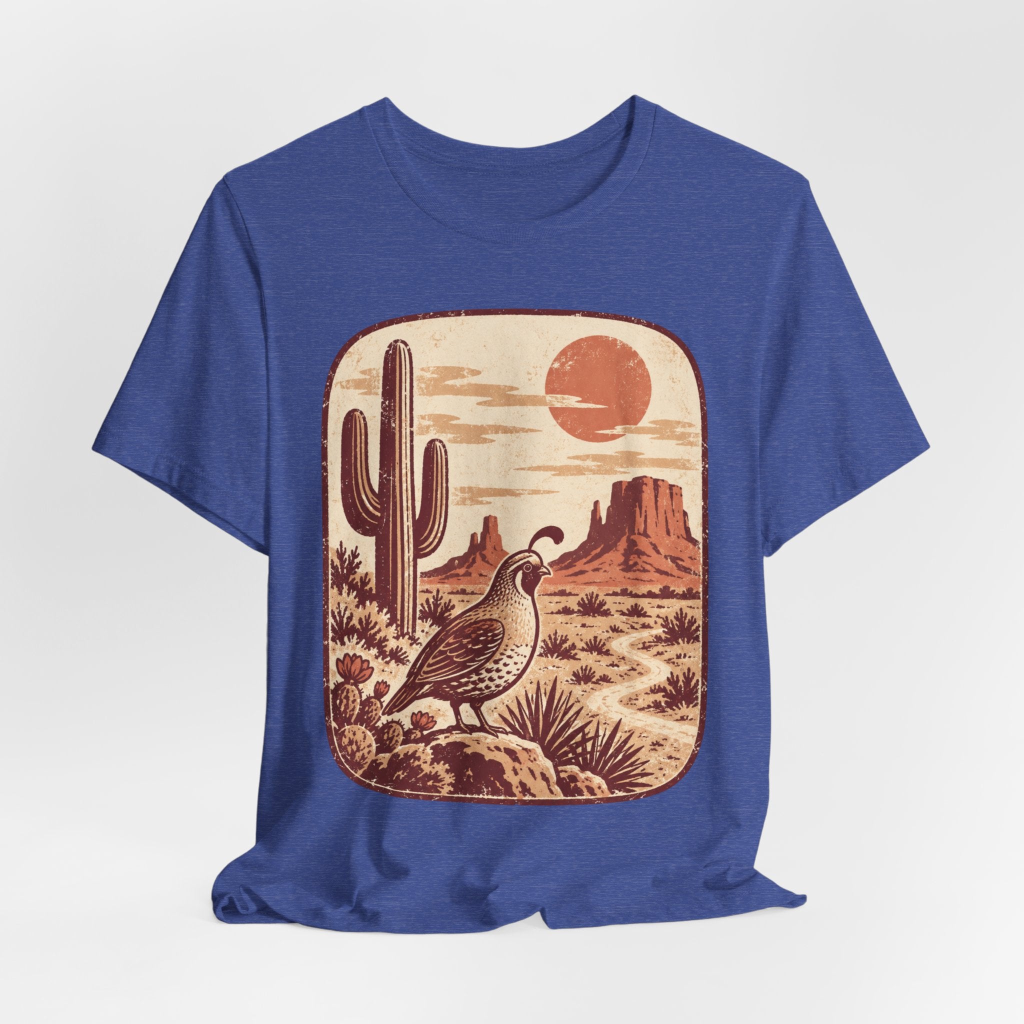 Gambel's Quail Desert Sunset T-Shirt in Mauve - Southwest quail desert graphic tee, Barely Outdoorsy