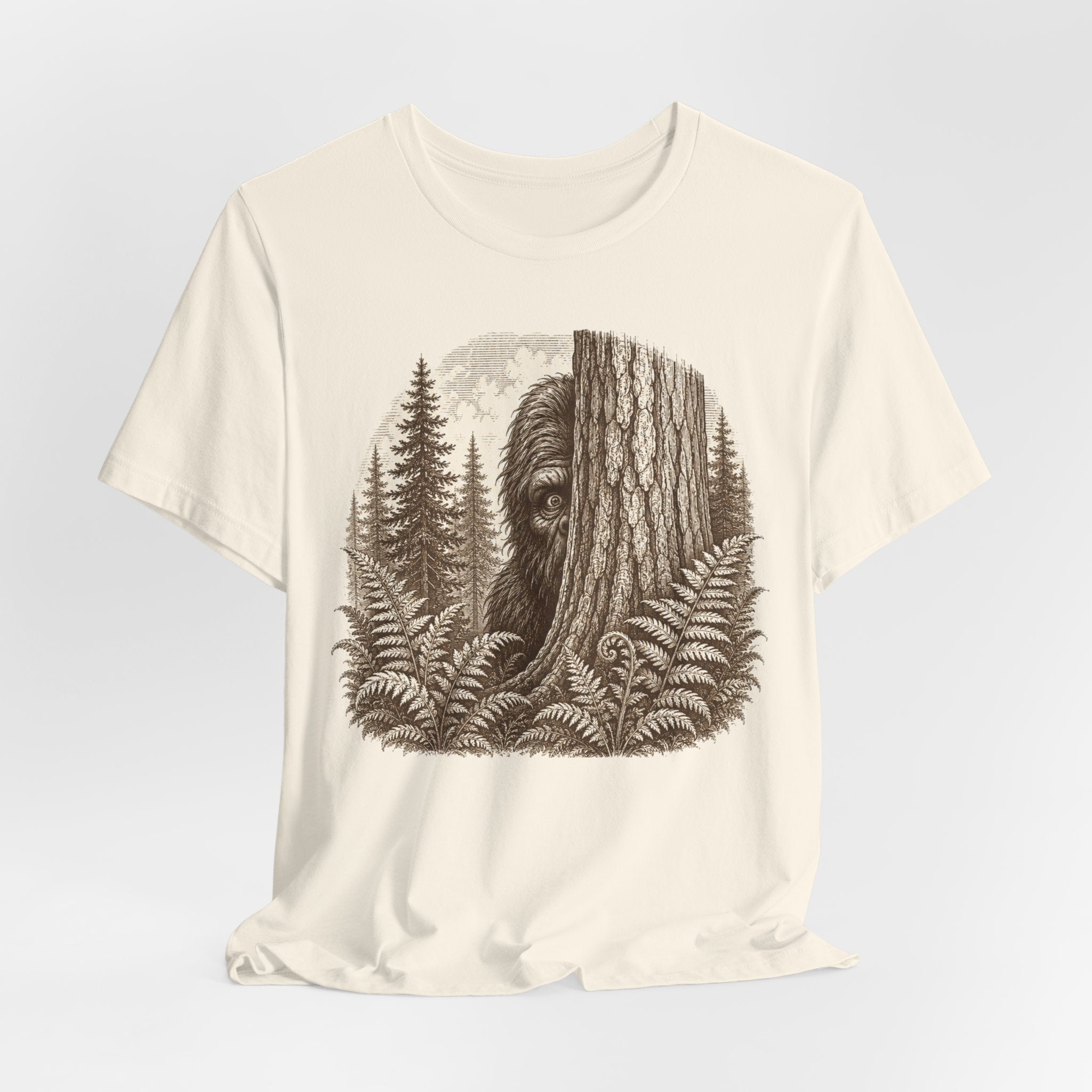 Hide and Seek Champion Tee in Athletic Heather - vintage etching Bigfoot hide and seek graphic tee, Barely Outdoorsy Bella Canvas 3001