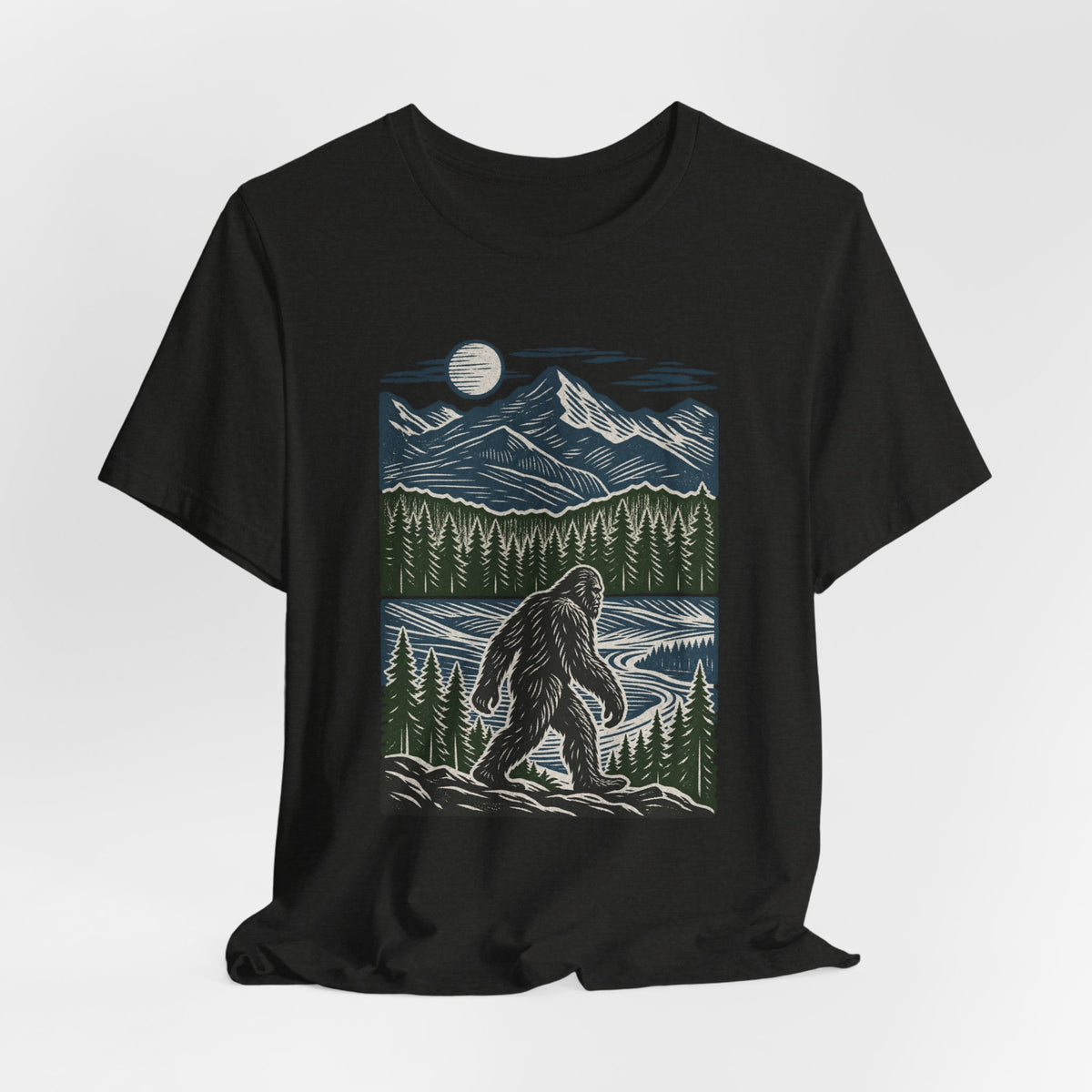 Bigfoot Mountain River T-Shirt in Black Heather - Bigfoot mountain river nature graphic tee, Barely Outdoorsy