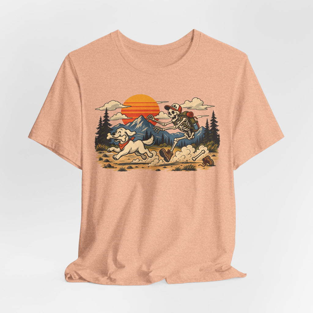 Skeleton Hiker Playing Fetch Tee in Pink - funny skeleton hiker dog humor shirt, Barely Outdoorsy Bella Canvas 3001