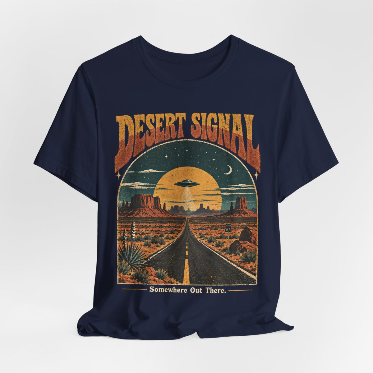 Desert Signal UFO Highway Tee in Heather True Royal - retro UFO desert road trip shirt, Barely Outdoorsy