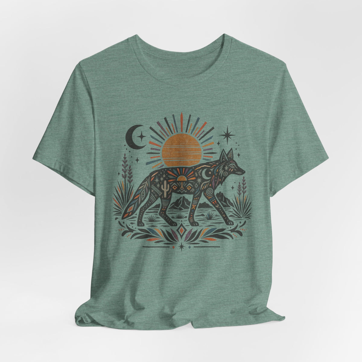 Boho Desert Sun Coyote T-Shirt in Heather Green - boho Southwest desert sun coyote mandala graphic tee, Barely Outdoorsy