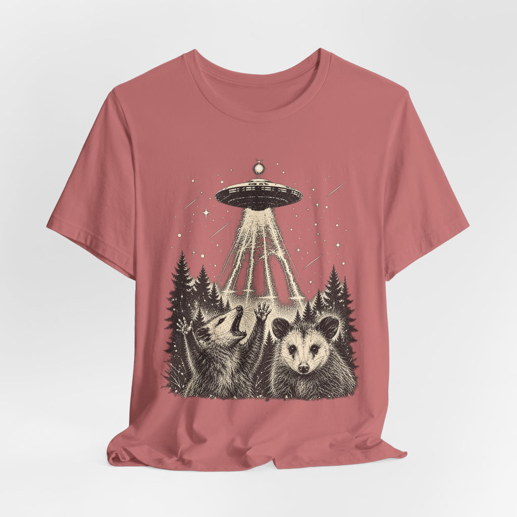 UFO Opossum Abduction T-Shirt in Heather True Royal - funny alien opossum abduction graphic tee, Barely Outdoorsy Bella Canvas