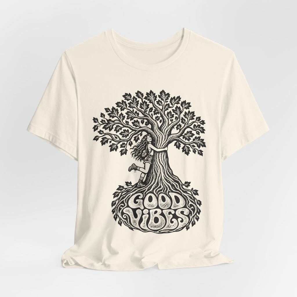 Good Vibes Tree Hug T-Shirt in White - funny good vibes nature graphic tee, Barely Outdoorsy Bella Canvas