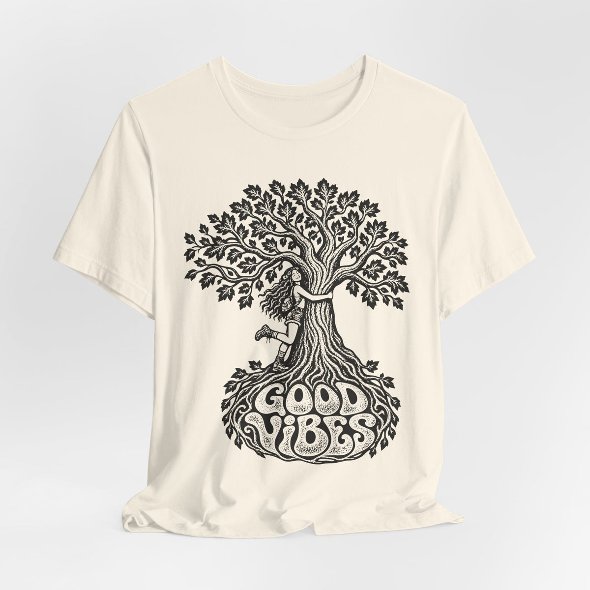 Good Vibes Tree Hug T-Shirt in White - funny good vibes nature graphic tee, Barely Outdoorsy Bella Canvas