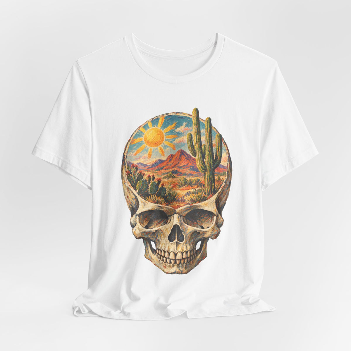 Desert State of Mind Skull T-Shirt in Heather Green - dark Southwest desert skull state of mind graphic tee, Barely Outdoorsy Bella Canvas 3001
