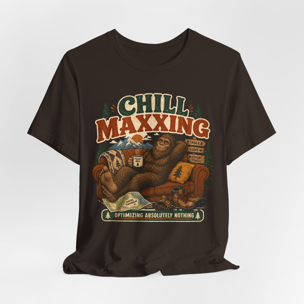 Chill Maxxing Bigfoot Tee in Brown - sasquatch couch relax mountains funny graphic shirt, Barely Outdoorsy