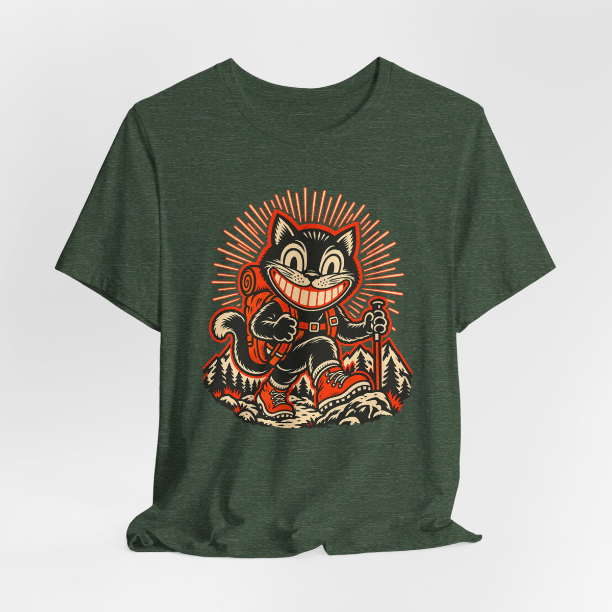 Grinning Black Cat Hiker Tee in Heather Purple - funny black cat Halloween hiker shirt, Barely Outdoorsy Bella Canvas