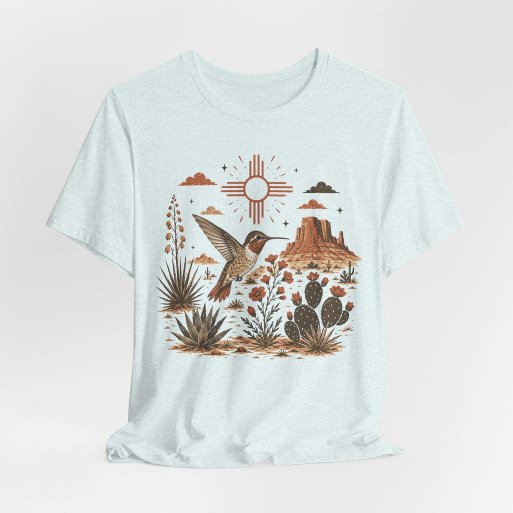 Desert Hummingbird Botanical Tee flat lay Athletic Heather - unisex crew neck hummingbird botanical graphic tee, Barely Outdoorsy