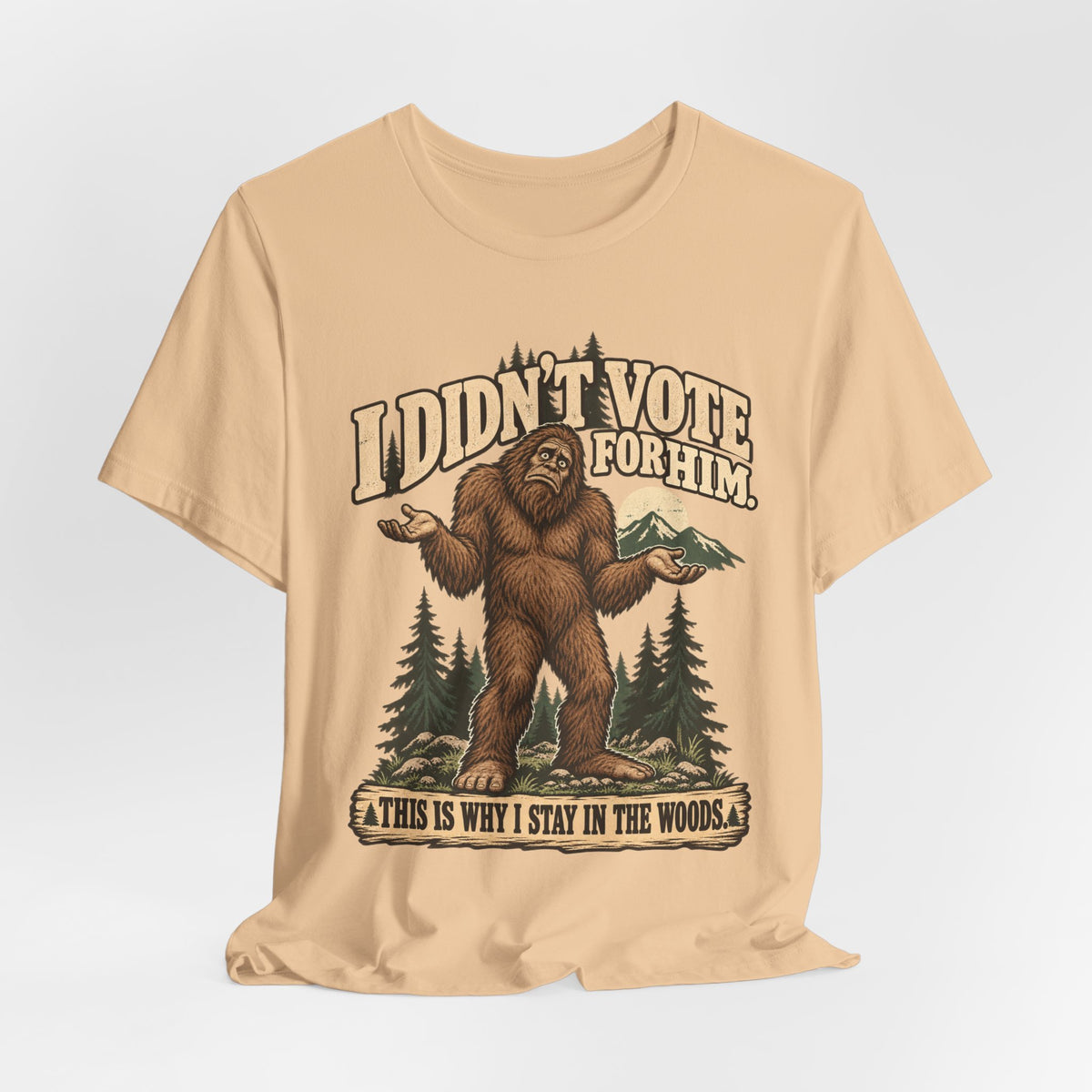 I Didn't Vote For Him Bigfoot T-Shirt in Heather Red - funny Bigfoot political disclaimer graphic tee, Barely Outdoorsy Bella Canvas
