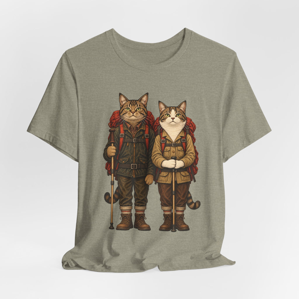 Cat Backpacker Buddies T-Shirt in Heather Brown - funny cat backpacker buddies hiking graphic tee, Barely Outdoorsy Bella Canvas 3001