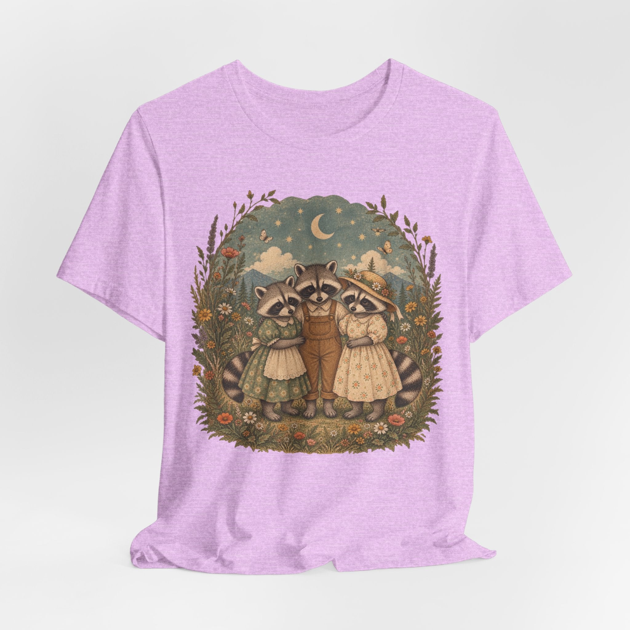 Cottagecore Raccoon Family Wildflower T-Shirt in Black Heather - cottagecore raccoon family graphic tee, Barely Outdoorsy