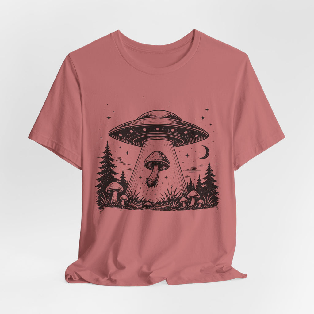 UFO Mushroom Abduction T-Shirt in Heather Peach - funny goblincore alien mushroom graphic tee, Barely Outdoorsy Bella Canvas