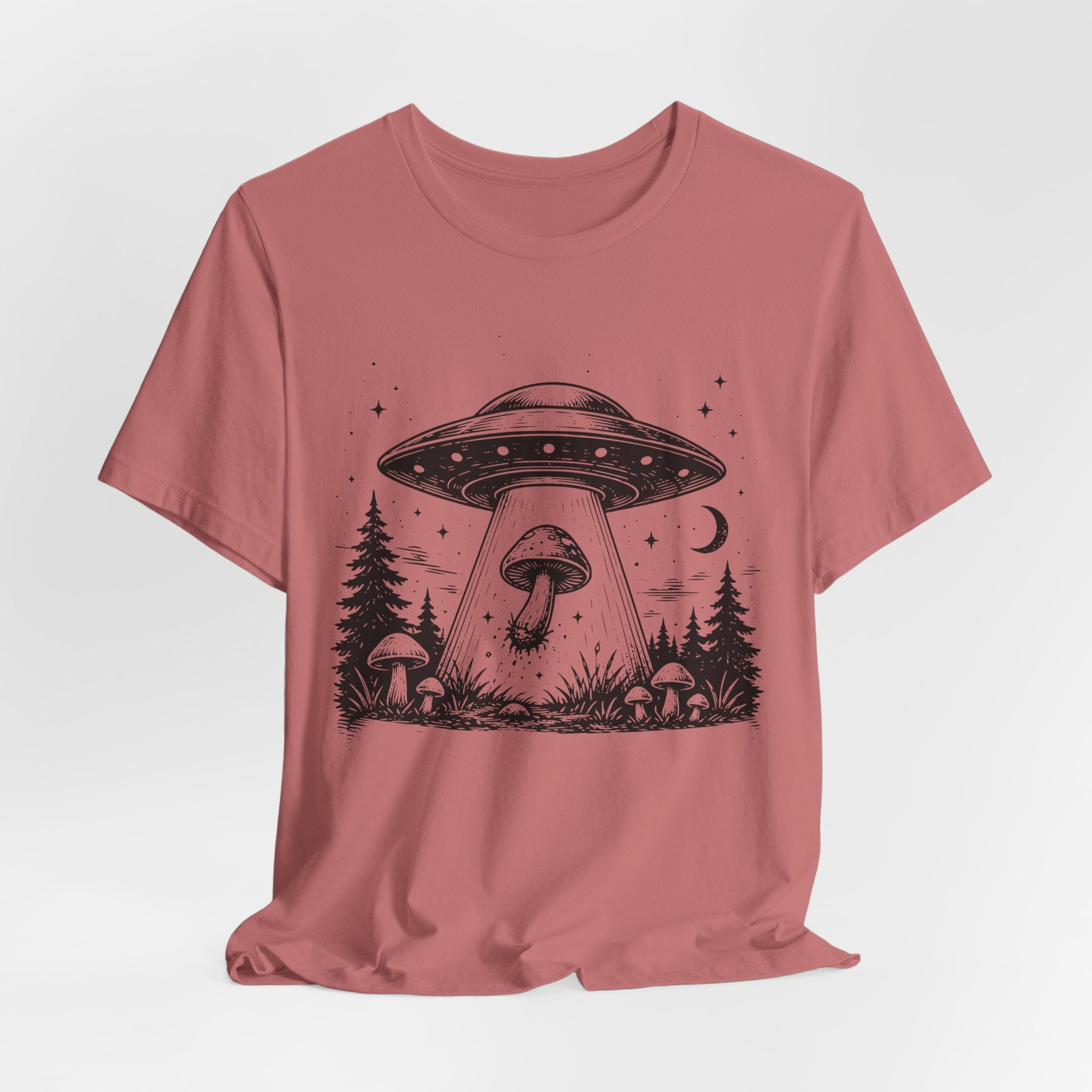 UFO Mushroom Abduction T-Shirt in Heather Peach - funny goblincore alien mushroom graphic tee, Barely Outdoorsy Bella Canvas
