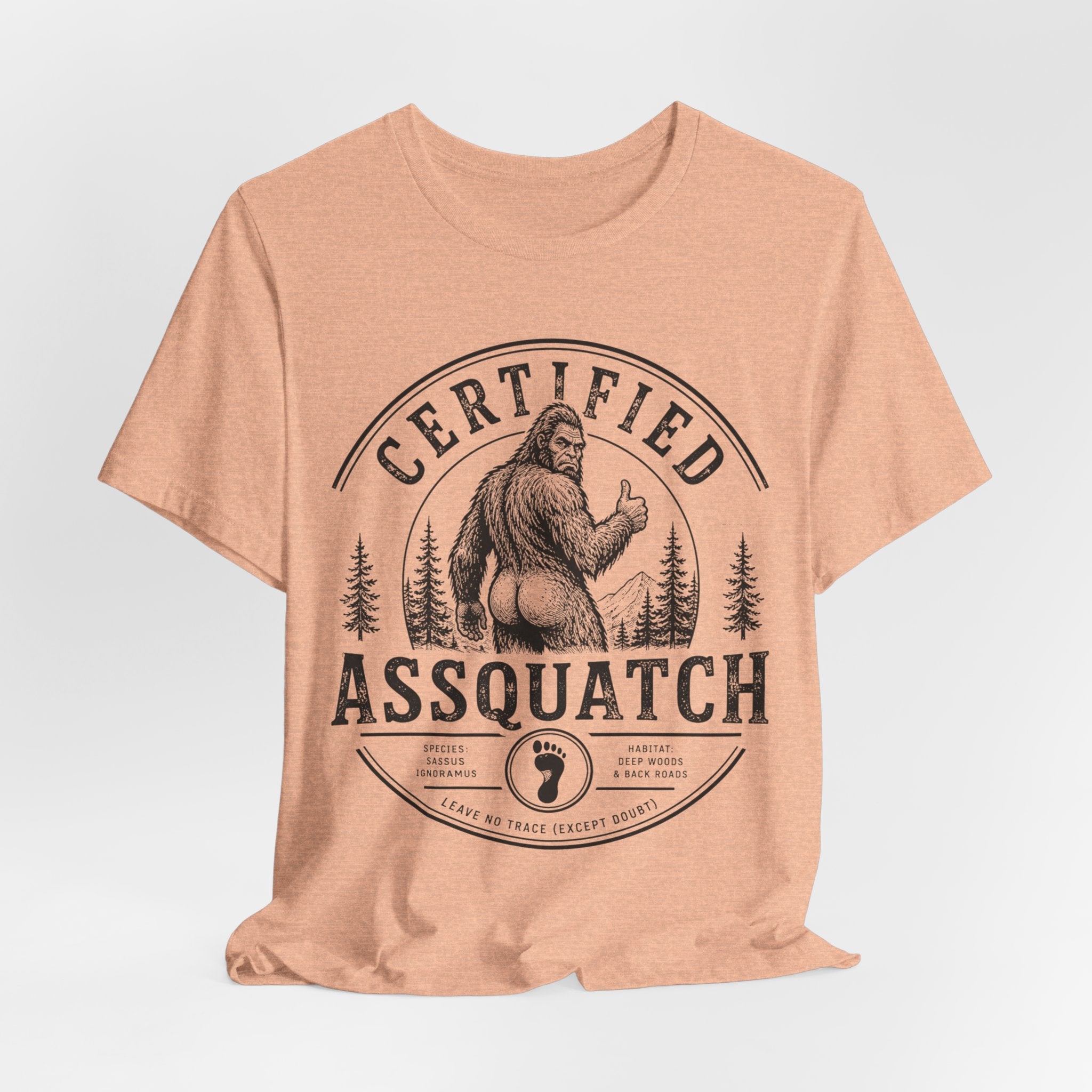 Certified Assquatch T-Shirt flat lay Athletic Heather - unisex crew neck funny Bigfoot pun graphic tee, Barely Outdoorsy