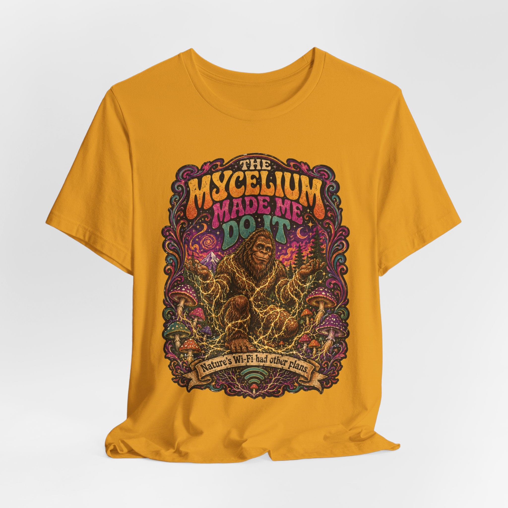 Mycelium Made Me Do It Tee in Brown - Sasquatch mushroom mycelium humor shirt, Barely Outdoorsy Bella Canvas 3001