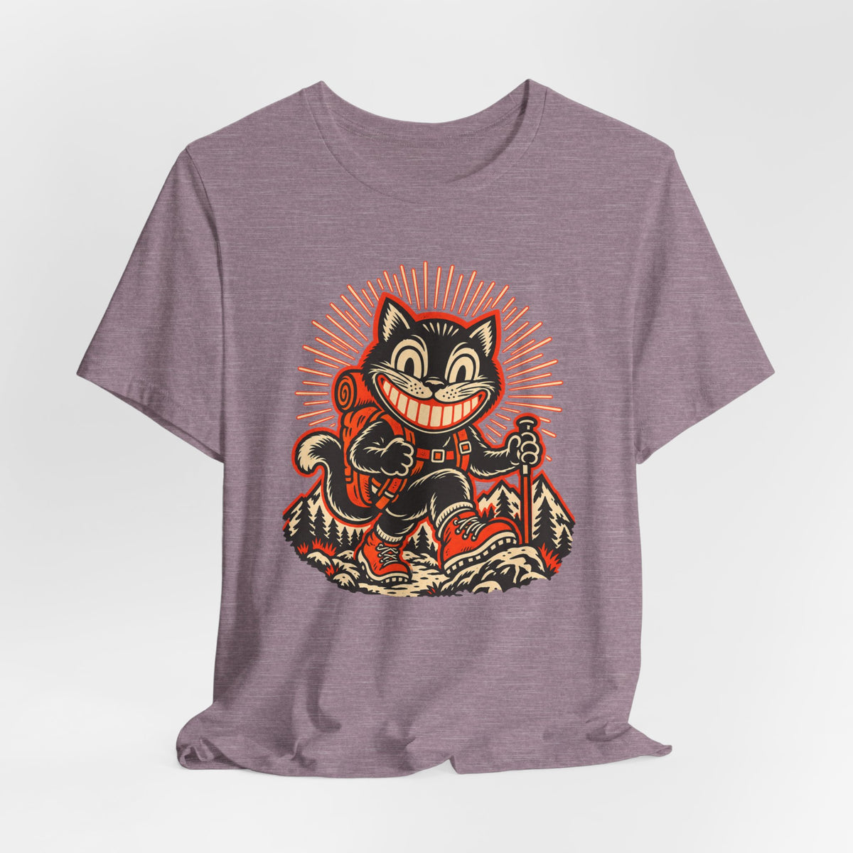 Grinning Black Cat Hiker T-Shirt in Heather Stone - funny grinning black cat hiking graphic tee, Barely Outdoorsy