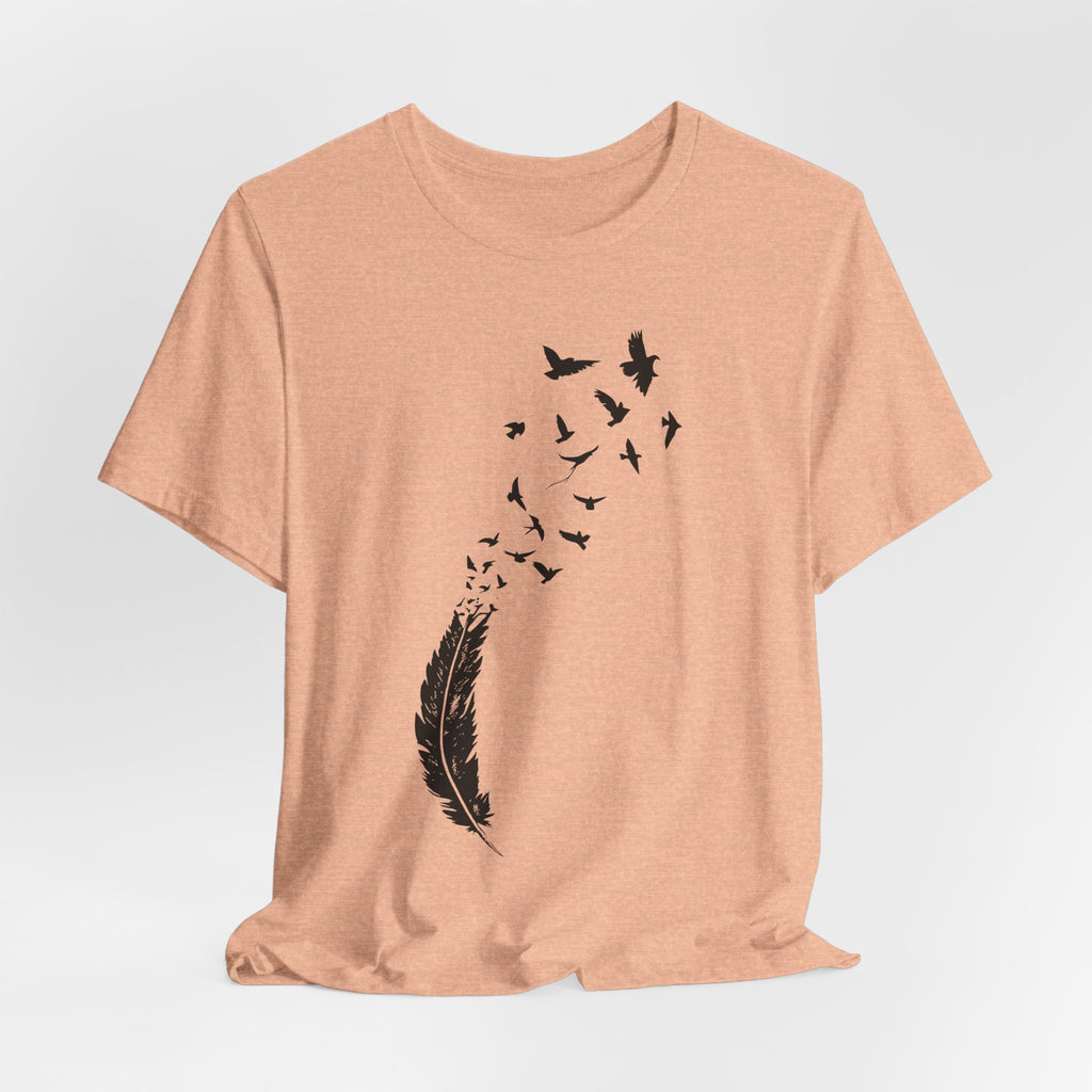 Feather Into Birds T-Shirt in Heather Peach detail - feather dissolving into flock silhouette close-up graphic