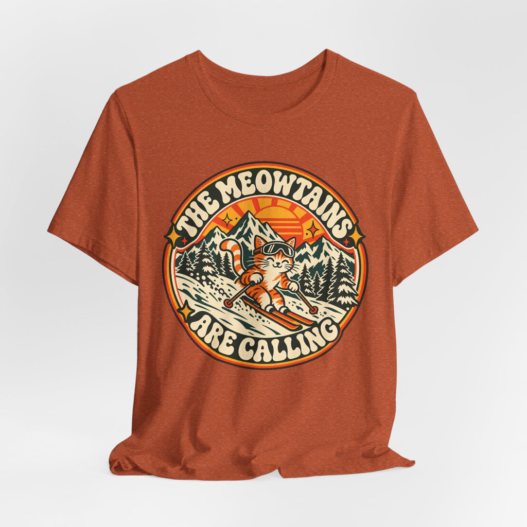 The Meowtains Are Calling Ski Cat Tee in White - funny meowtains ski cat pun shirt, Barely Outdoorsy Bella Canvas 3001