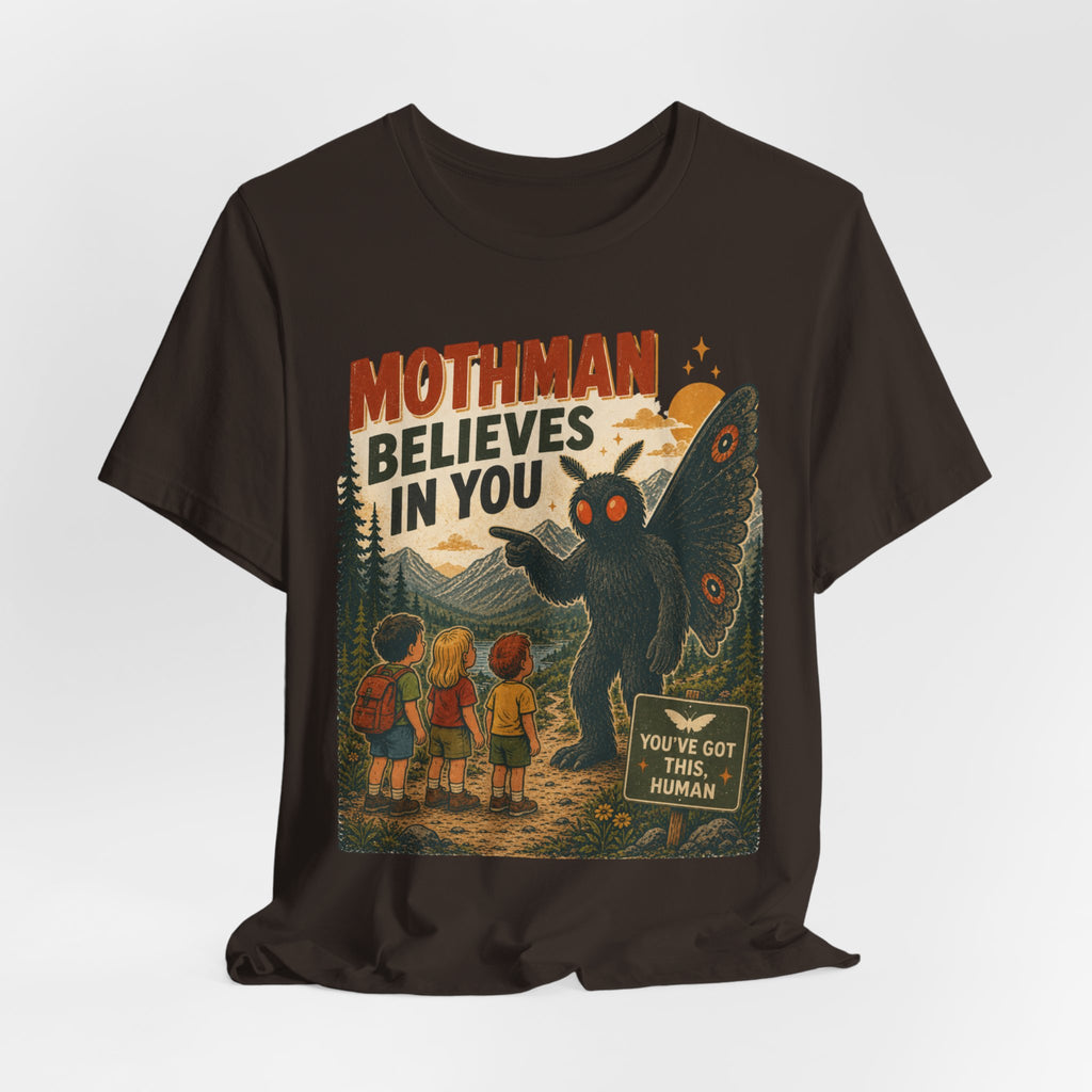 Mothman Believes In You Tee in Heather True Royal - funny Mothman paranormal shirt, Barely Outdoorsy Bella Canvas 3001