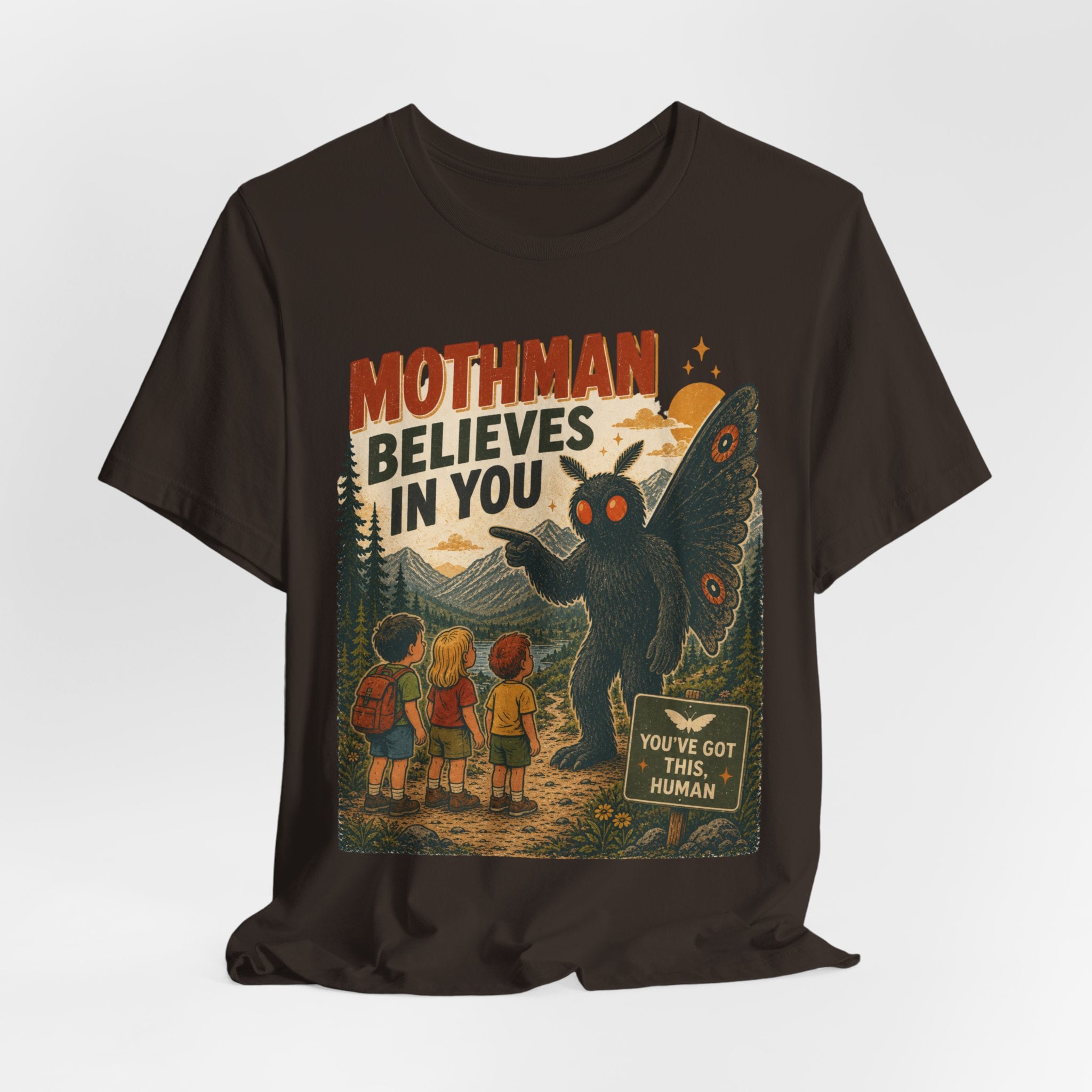 Mothman Believes In You Tee in Heather True Royal - funny Mothman paranormal shirt, Barely Outdoorsy Bella Canvas 3001