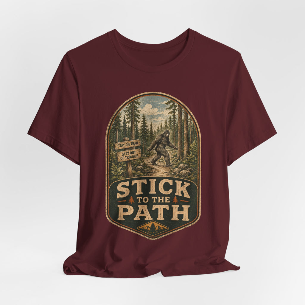 Stick To The Path Bigfoot T-Shirt in Dark Grey Heather - funny Bigfoot trail humor graphic tee, Barely Outdoorsy Bella Canvas 3001