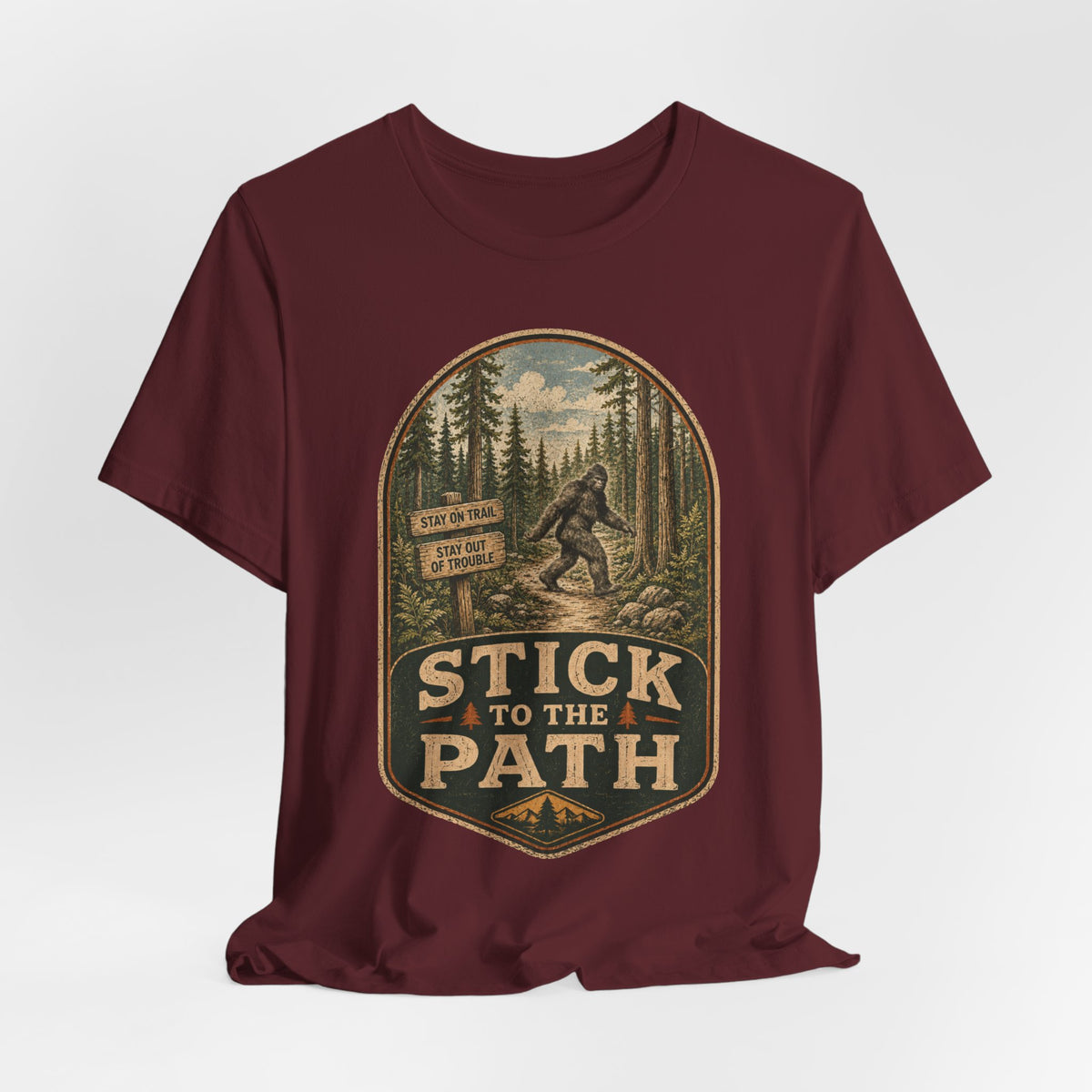 Stick To The Path Bigfoot T-Shirt in Dark Grey Heather - funny Bigfoot trail humor graphic tee, Barely Outdoorsy Bella Canvas 3001
