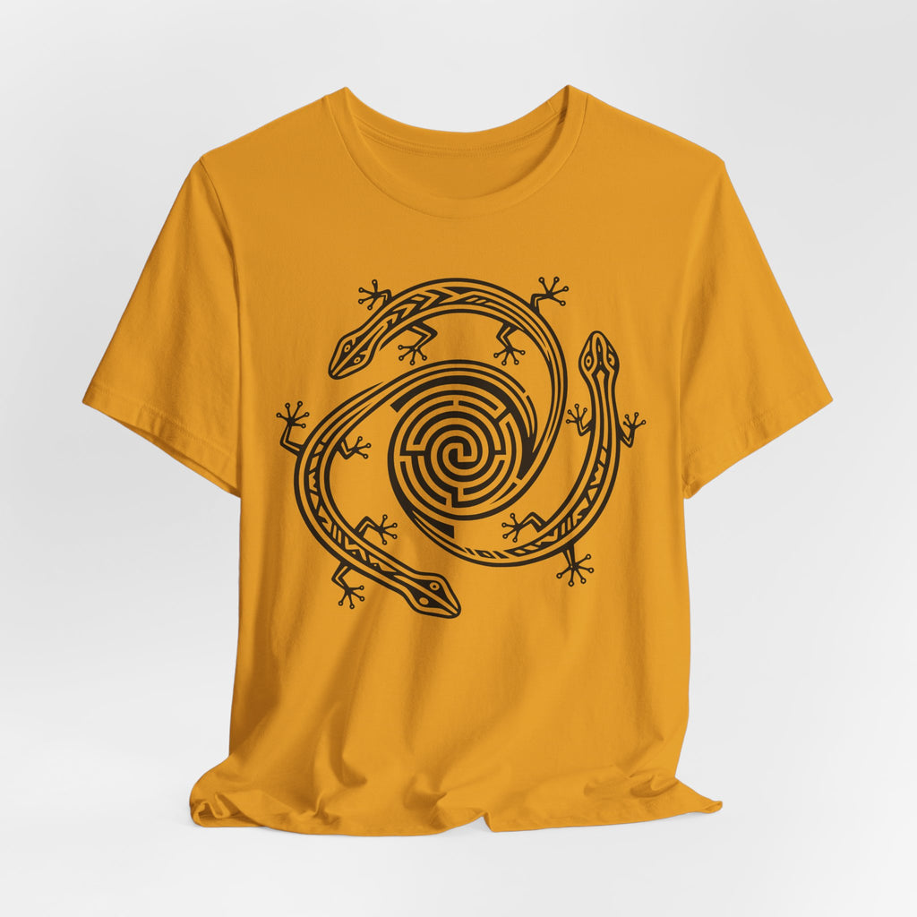 Spiral Lizards Petroglyph Tee flat lay Athletic Heather - unisex crew neck Southwest petroglyph graphic tee, Barely Outdoorsy