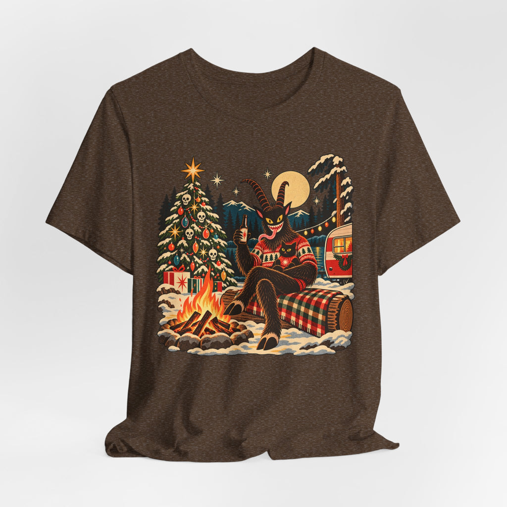 Krampus Campfire Christmas T-Shirt in Heather Stone - funny dark Krampus campfire Christmas holiday graphic tee, Barely Outdoorsy