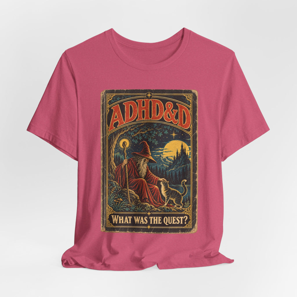 ADHD&D What Was the Quest T-Shirt in Black Heather - funny ADHD neurodivergent D&D RPG parody graphic tee, Barely Outdoorsy