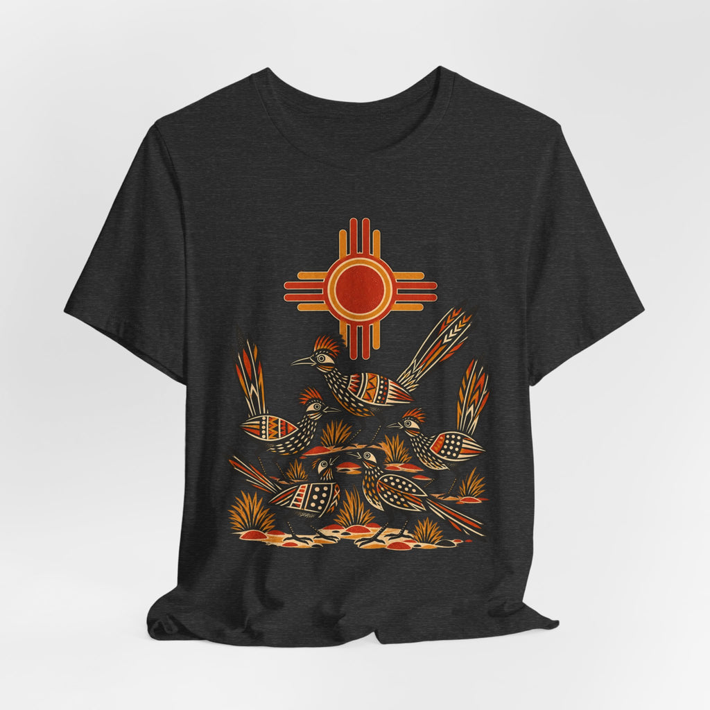 New Mexico Roadrunner Sun T-Shirt in Black Heather - Southwest New Mexico roadrunner sun graphic tee, Barely Outdoorsy