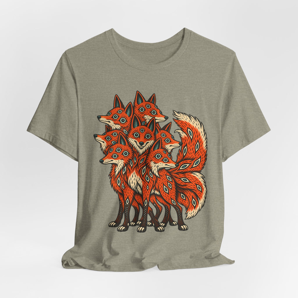 Many-Headed Folk Art Fox T-Shirt in Heather Brown - folk art mythic many-headed fox wildlife graphic tee, Barely Outdoorsy