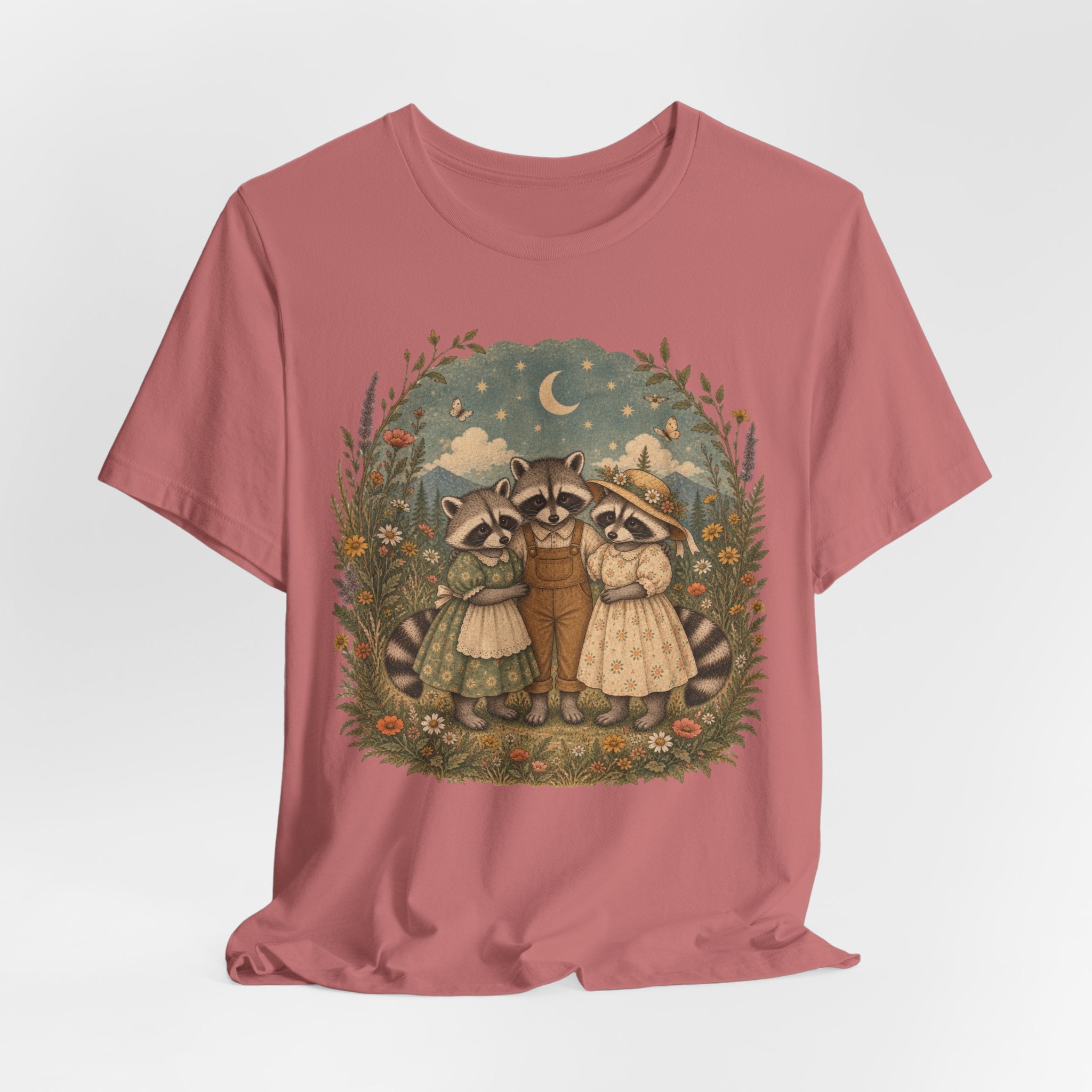 Cottagecore Raccoon Family Wildflower T-Shirt in Heather True Royal detail - raccoon family wildflower close-up graphic