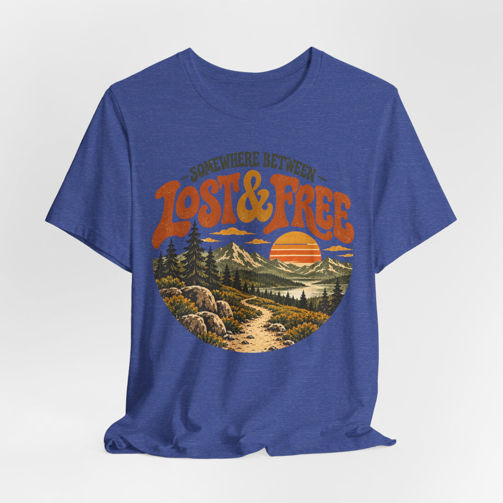 Somewhere Between Lost Free Tee in Maroon - retro hiking lost free shirt, Barely Outdoorsy Bella Canvas 3001