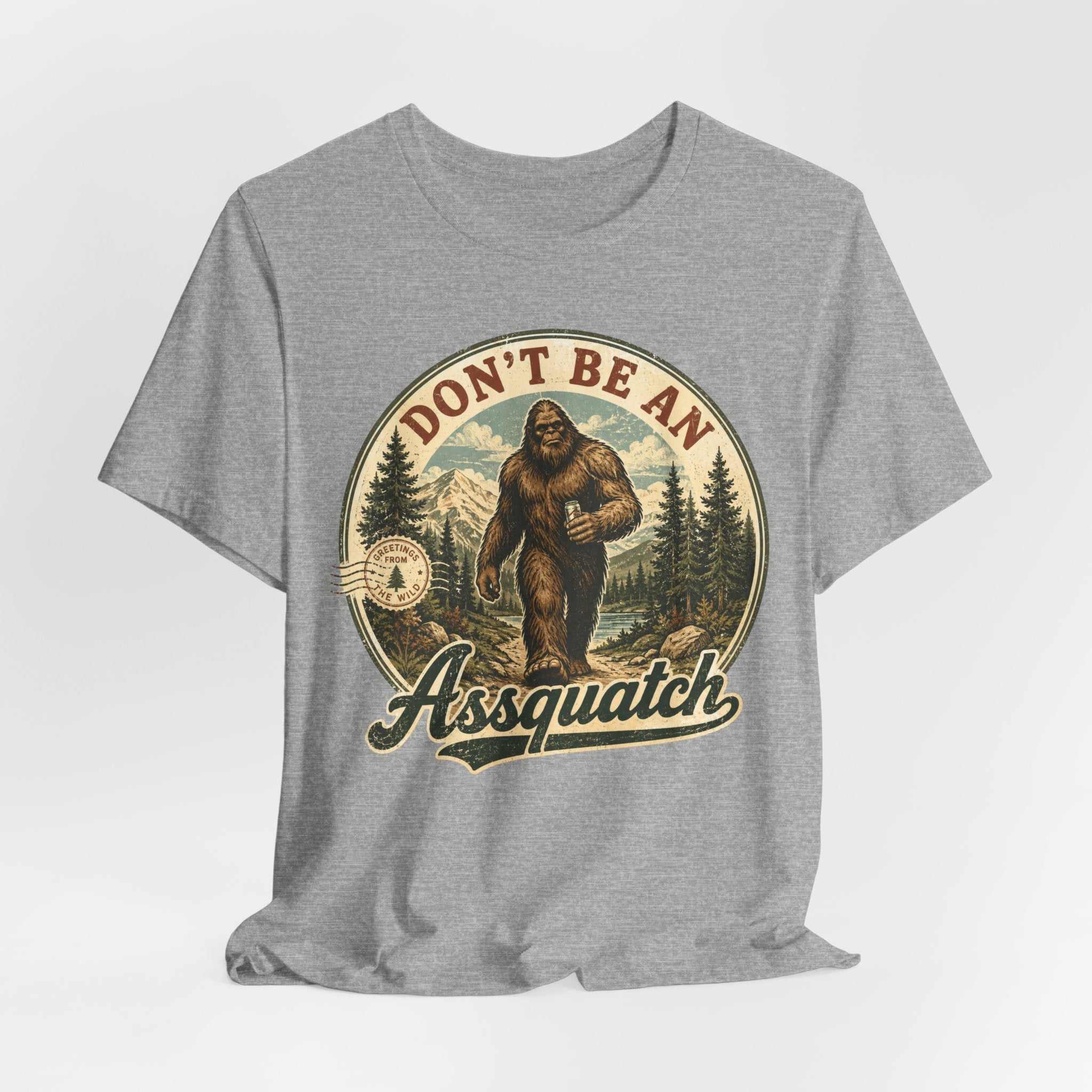 Don't Be An Assquatch Bigfoot Tee in Navy - funny Bigfoot assquatch humor shirt, Barely Outdoorsy Bella Canvas 3001