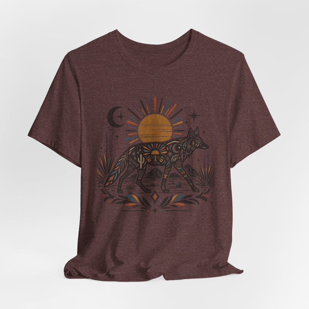 Boho Desert Sun Coyote T-Shirt in Heather Autumn - boho Southwest desert sun coyote mandala graphic tee, Barely Outdoorsy