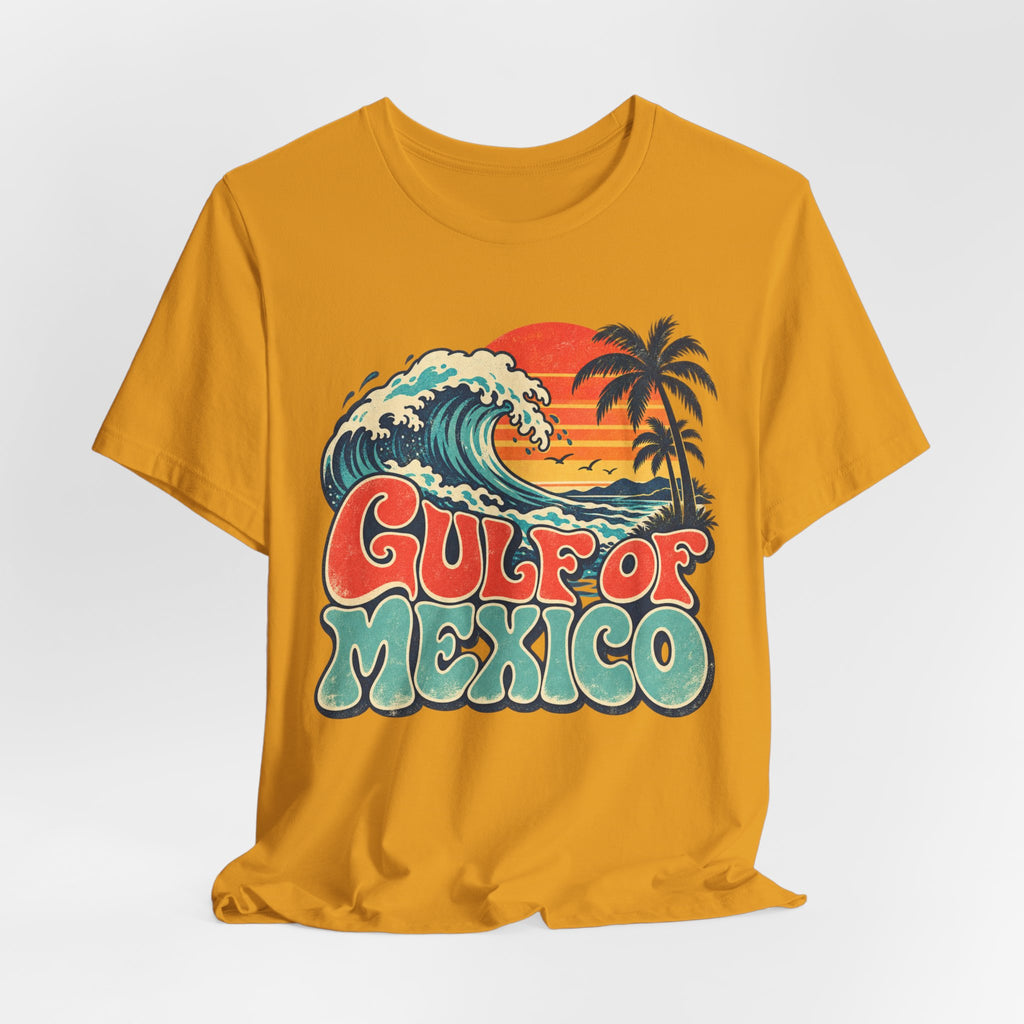Gulf of Mexico Retro Beach Tee in Heather Columbia Blue - retro Gulf of Mexico beach shirt, Barely Outdoorsy Bella Canvas