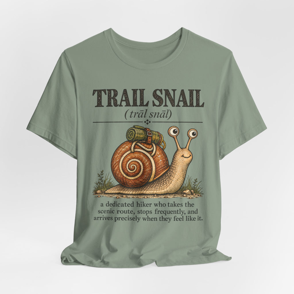 Trail Snail T-Shirt in Heather Tan - funny slow hiking trail snail graphic tee, Barely Outdoorsy Bella Canvas 3001