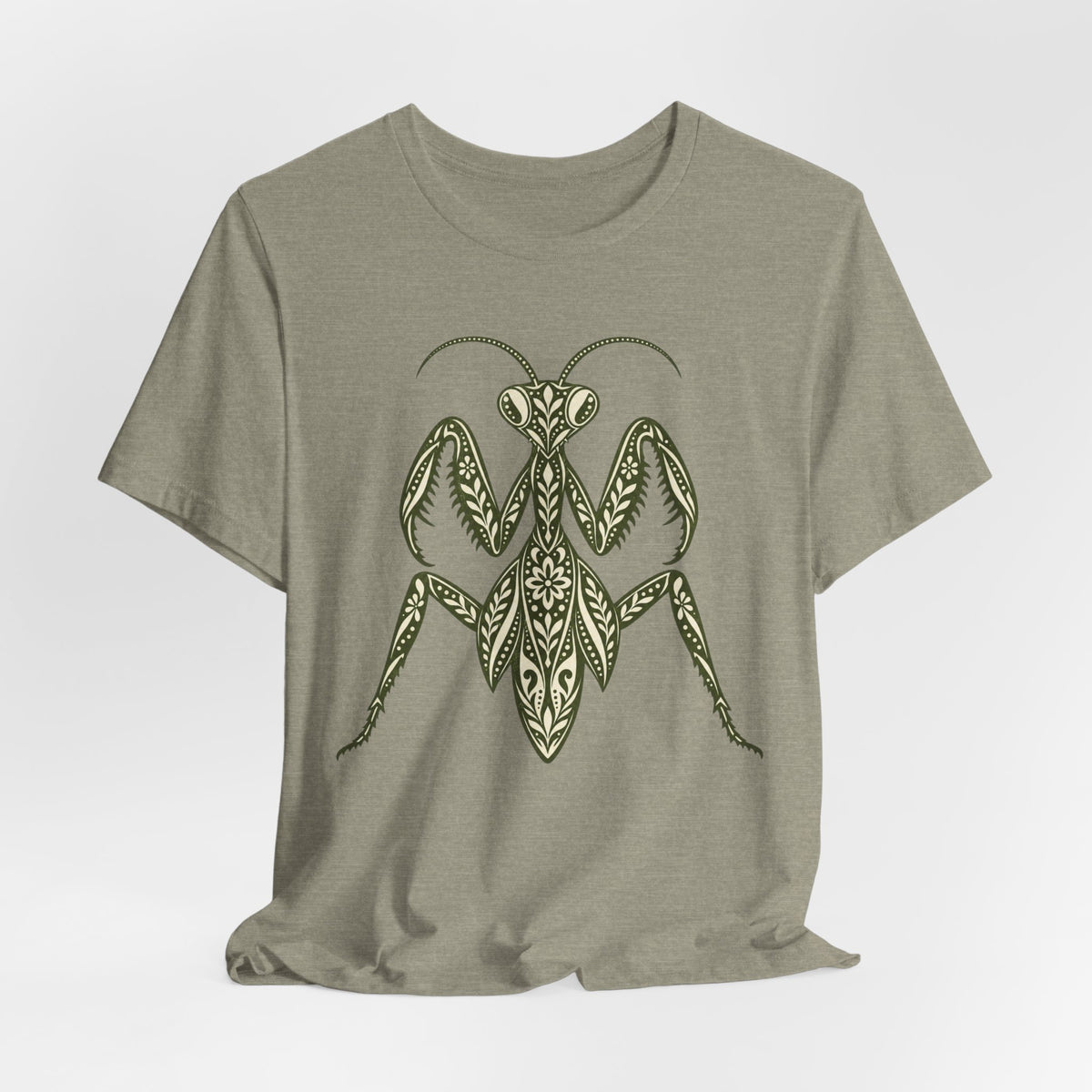 Ornamental Praying Mantis T-Shirt in Heather Brown - goblincore ornamental folk art praying mantis insect graphic tee, Barely Outdoorsy