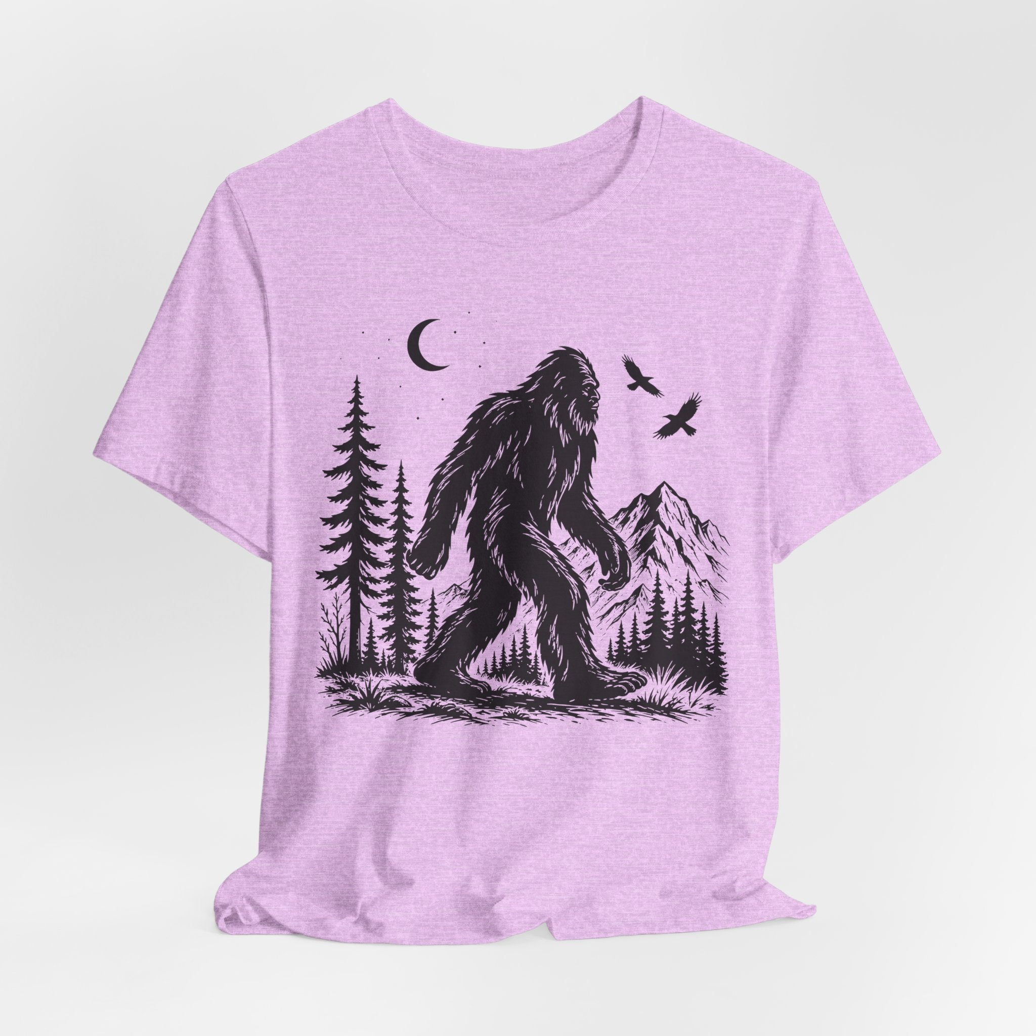 Bigfoot Night Forest Mountain T-Shirt in Athletic Heather - moonlit Sasquatch forest mountain graphic tee, Barely Outdoorsy Bella Canvas 3001