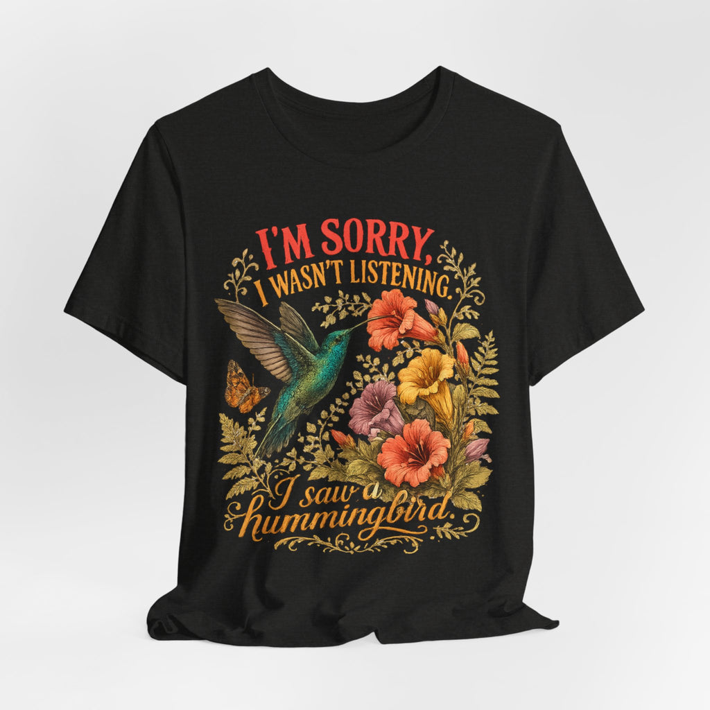 I Saw A Hummingbird Tee in Heather Peach - botanical hummingbird butterfly graphic shirt, Barely Outdoorsy Bella Canvas