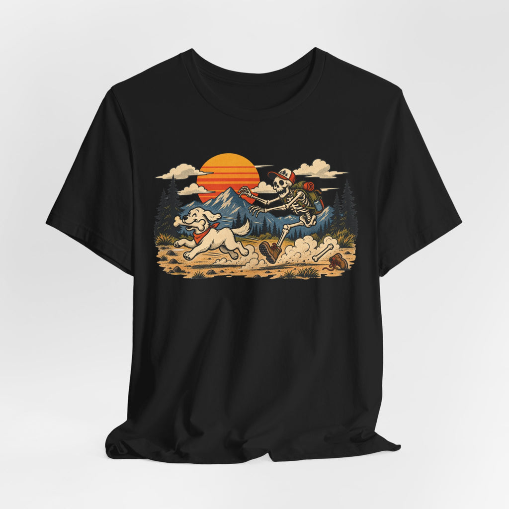Skeleton Hiker Playing Fetch T-Shirt flat lay Athletic Heather - unisex crew neck skeleton hiker graphic tee, Barely Outdoorsy