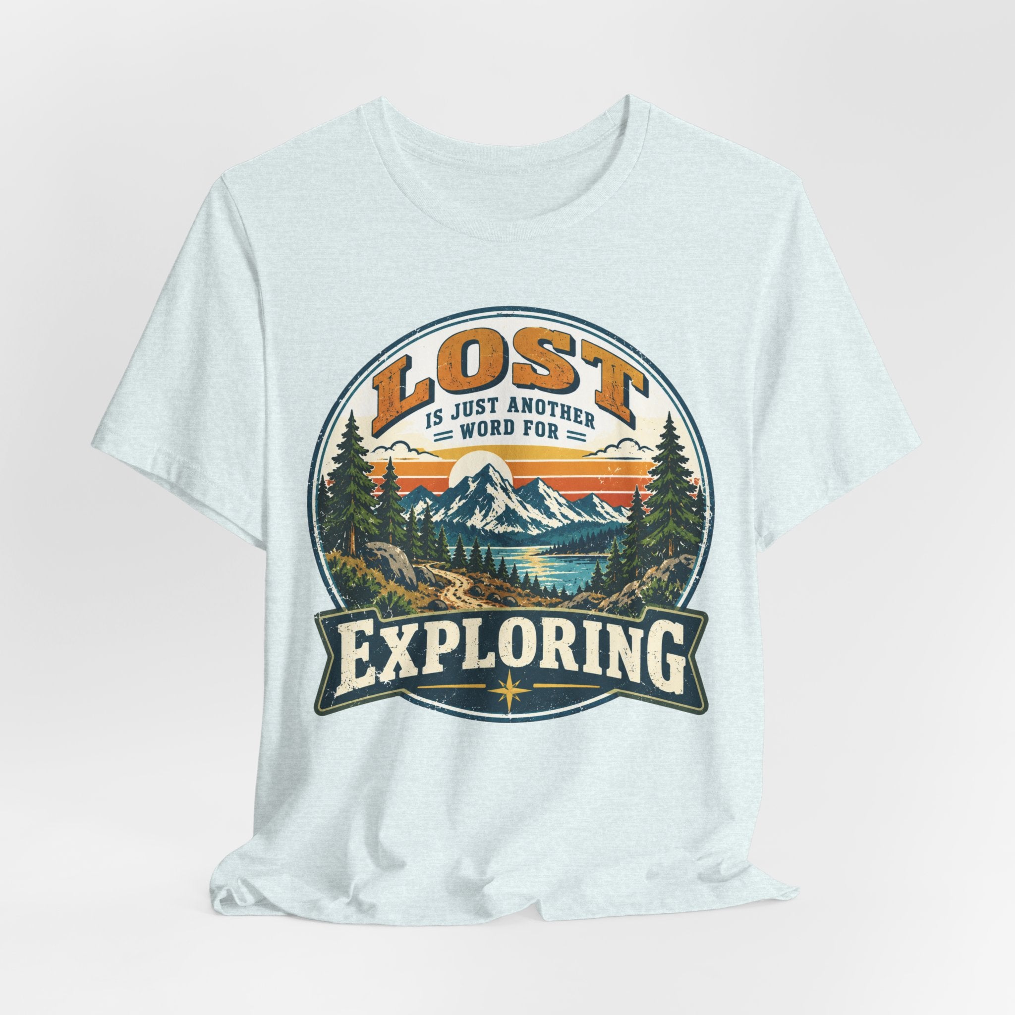 Lost Is Just Another Word For Exploring T-Shirt in Athletic Heather - funny hiking lost exploring graphic tee, Barely Outdoorsy Bella Canvas 3001