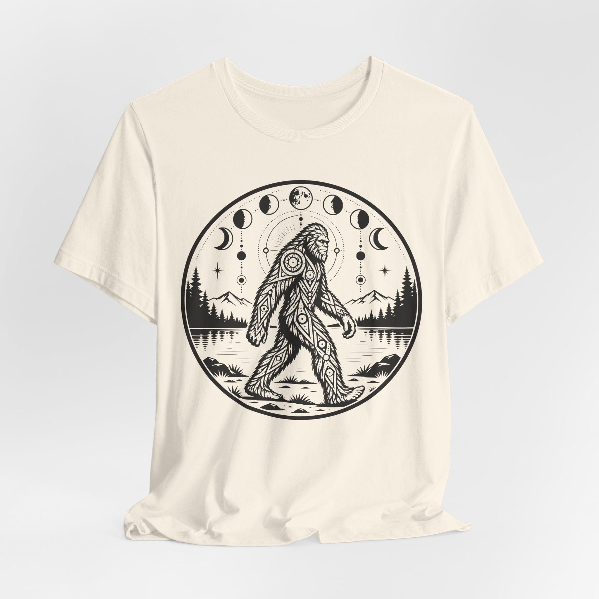 Bigfoot Moon Phases T-Shirt in White - celestial Sasquatch moon phases graphic tee, Barely Outdoorsy Bella Canvas
