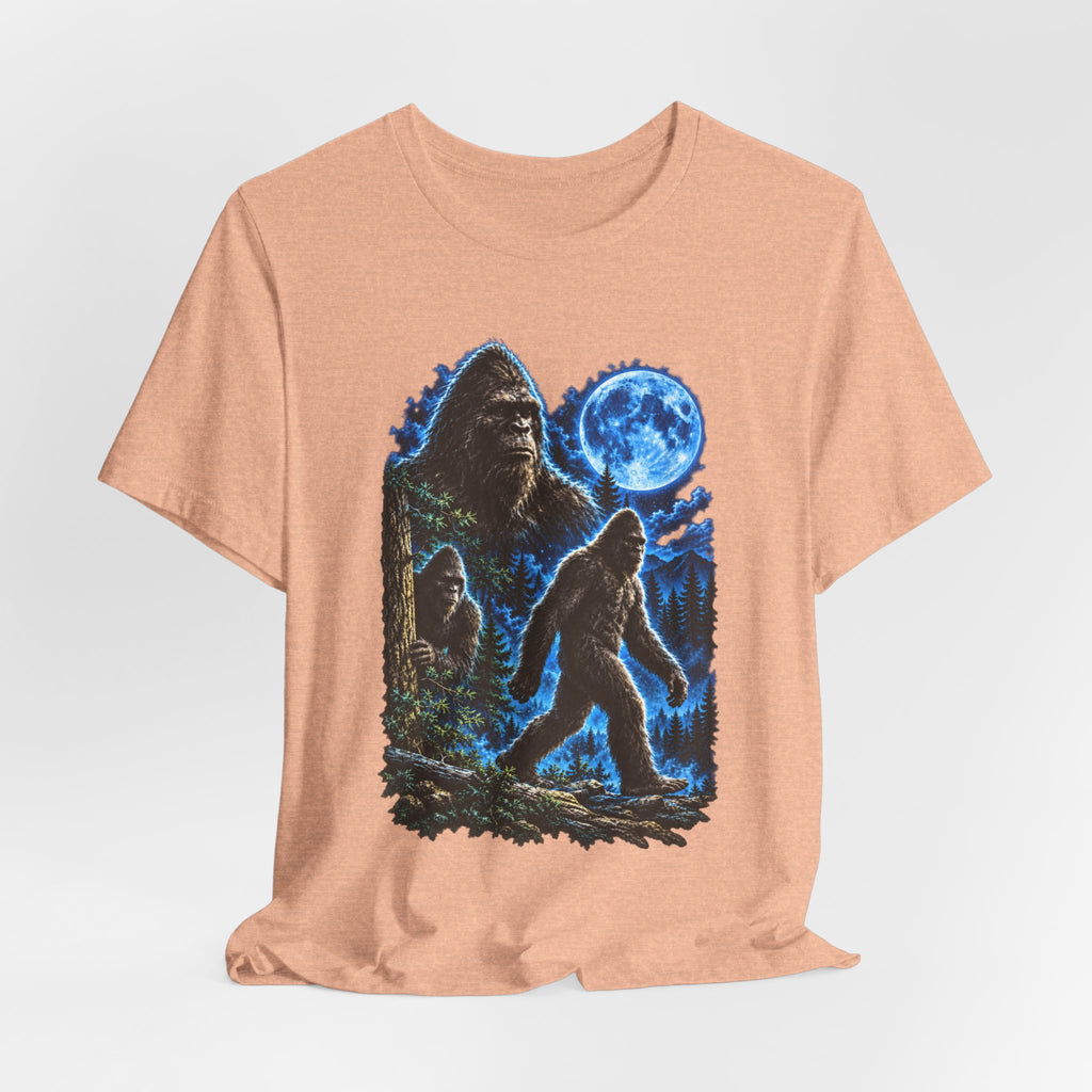 Bigfoot Family Blue Moon Forest T-Shirt in Maroon - funny Sasquatch family moonlit graphic tee, Barely Outdoorsy Bella Canvas