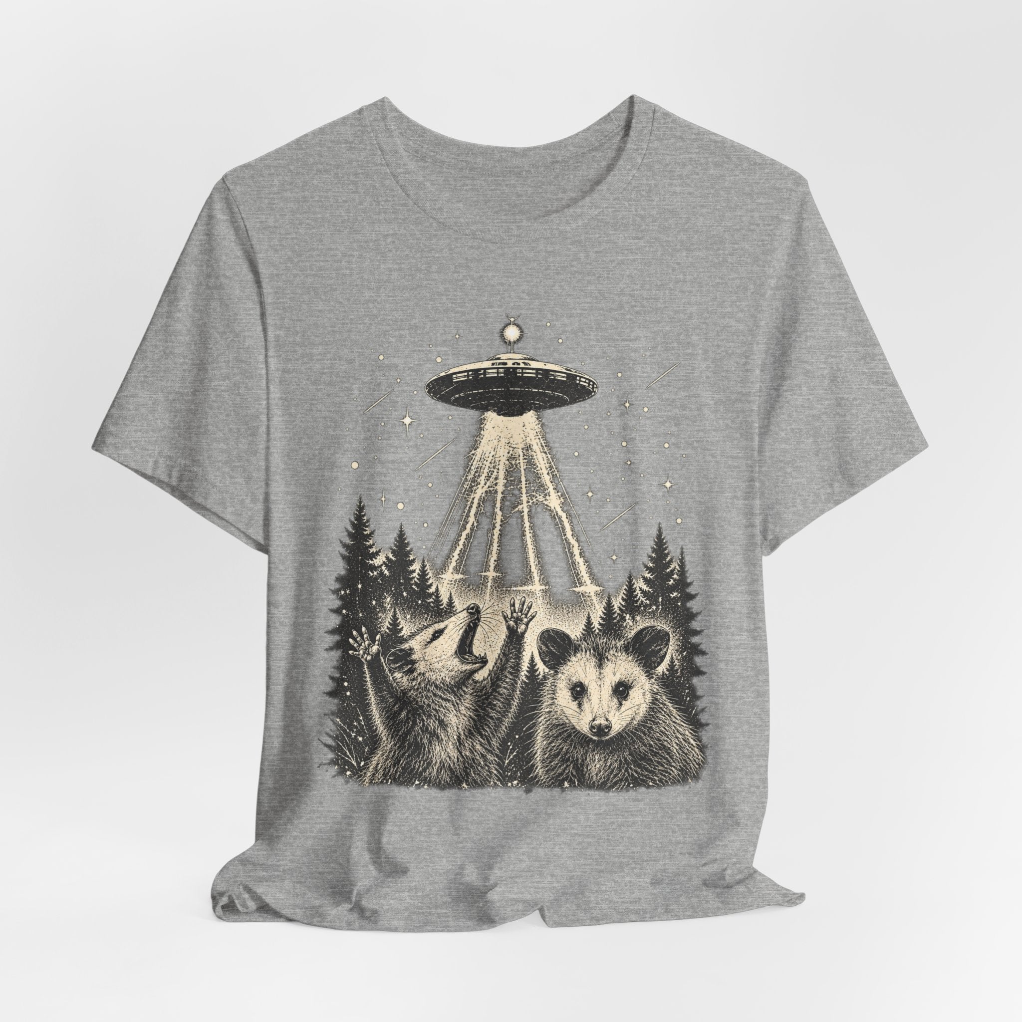 UFO Opossum Abduction Tee in Dark Grey Heather - funny opossum alien UFO humor shirt, Barely Outdoorsy