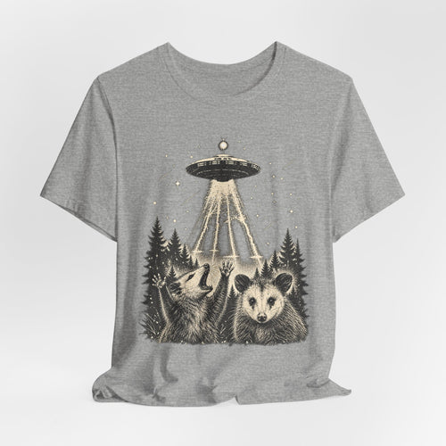 UFO Opossum Abduction Tee in Dark Grey Heather - funny opossum alien UFO humor shirt, Barely Outdoorsy